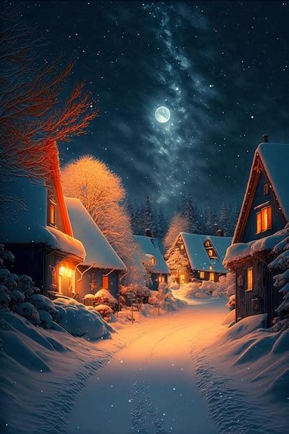 Premium Photo Snowy Village At Night With A Full Moon In The Sky
