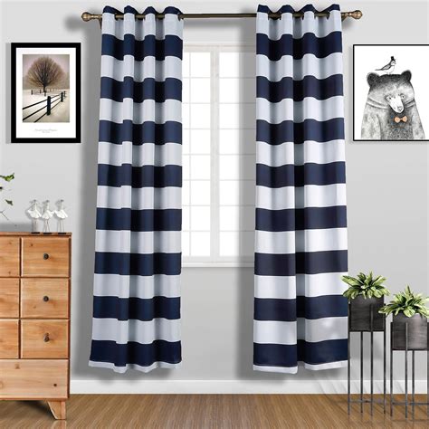 Cabana Stripe Curtains 2 Packs White And Navy Blue Blackout Curtain