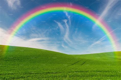 Green Field And Rainbow Nature Stock Photos Creative Market
