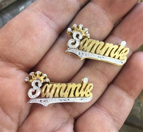 Personalized 14k Gold Plated Double Name Plate Stud Earrings Etsy