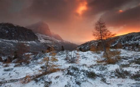 1053851 Landscape Forest Mountains Sunset Nature Snow Winter