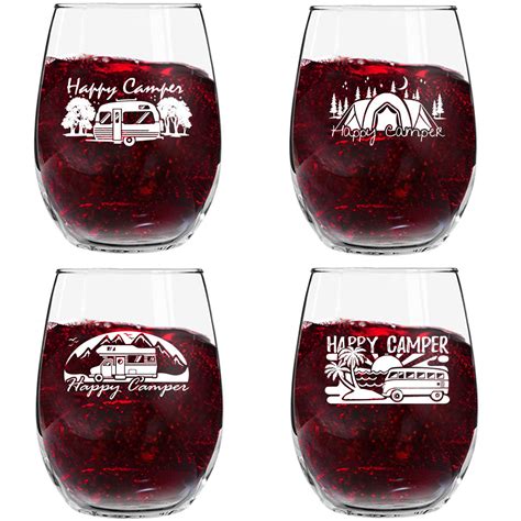 Happy Camper Stemless Wine Glass Camping Wine Or Pint Beer Glass Retired Wine Glass Wine Glasses