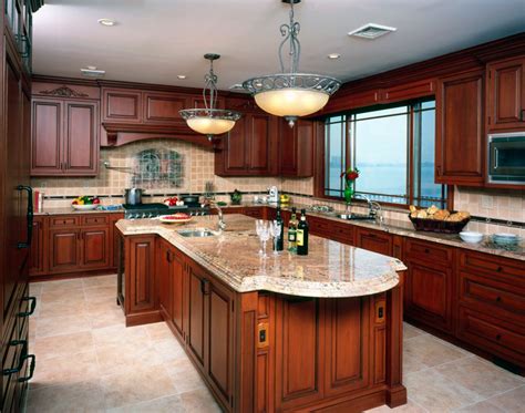Kitchen Cherry Kitchen Cabinet With Light Granite Countertop And Sink Below Pendant Li
