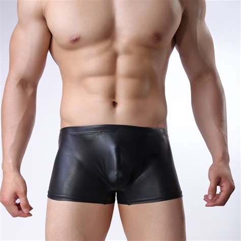 Buy Sexy Underwear Men Boxer Shorts Black Faux Leather Underpants Male Low