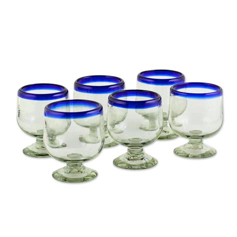 Cobalt Blue Rim Hand Blown 6 Oz Tequila Glasses Set Of 6 Cobalt Kiss Novica
