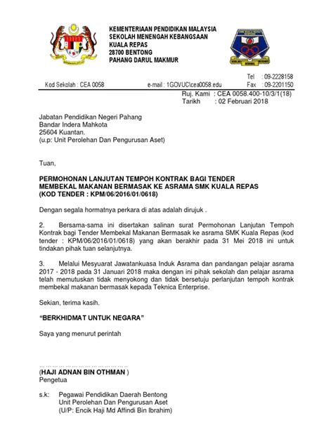 Contoh surat permohonan lanjutan masa projek. Surat Permohonan Lanjutan Tempoh Kontrak