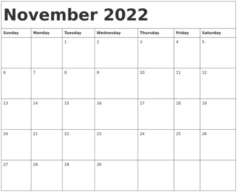 November 2022 Calendar Printable With Holidays Zohal