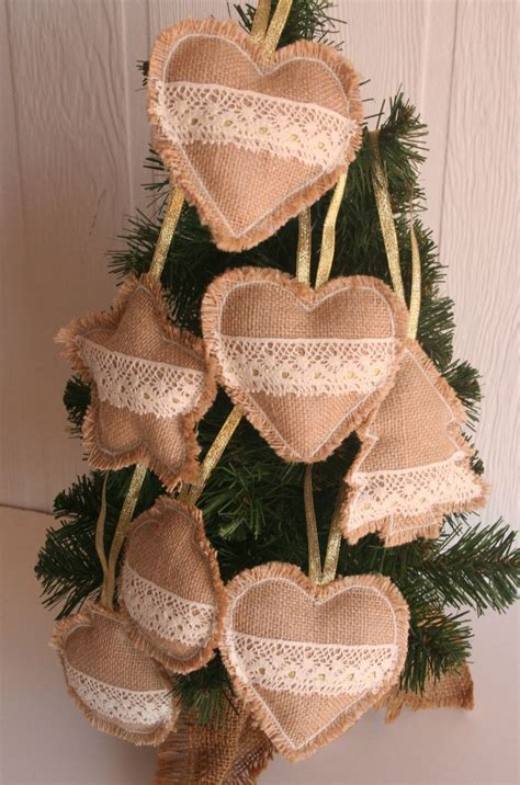 Burlap And Lace Ready To Ship Set Of 4 Hanging Ornaments Cream And