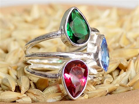 Multi Color Gemstone Ring Three Stone Ring Handmade Ring Etsy