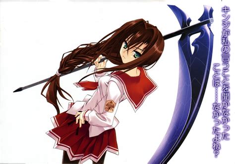 Brown Haired Female Anime Character Wearing White And Red Uniform While Holding Purple And Black