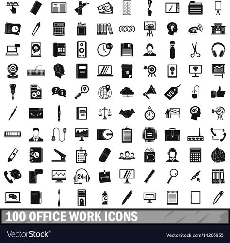 100 Office Work Icons Set Simple Style Royalty Free Vector