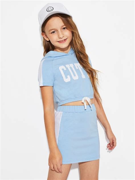Shein Girls Letter Print Hoodie And Skirt Set Kids Outfits Girls Girls