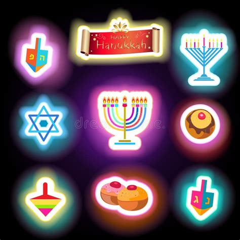 Hanukkah Traditional Symbols Set Neon Glowing Effect Stock Vector