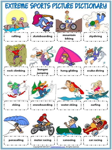 Extreme Sports Vocabulary Esl Picture Dictionary Worksheet For Kids