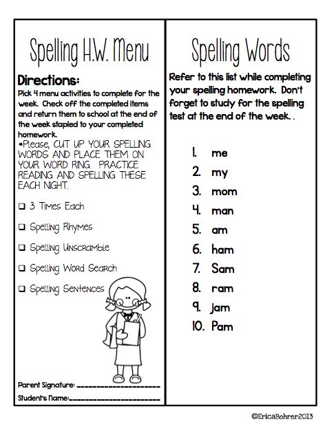 Spelling Homework Menu