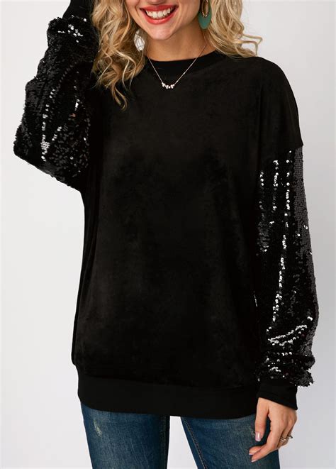 Long Sleeve Sequin Embellished Black Sweatshirt Usd 31
