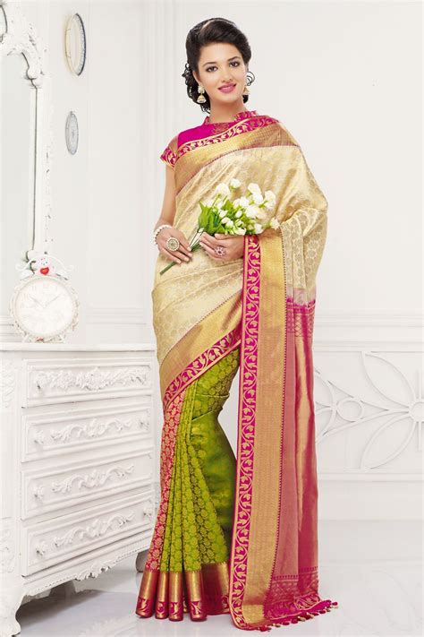 Off White Colour Indian Pure Kanjivaram Silk Saree With Rani Pink