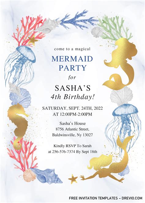 Editable Mermaid Birthday Invitation Template Pink Purple Teal Mermaid
