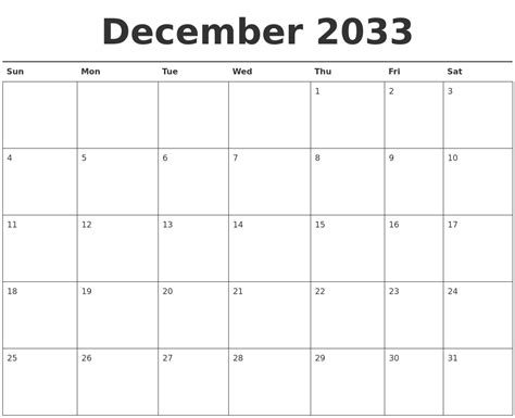 December 2033 Calendar Printable