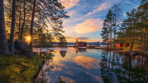 Ringerike Norway Trees Clouds Colors Sky Water Sunset Cabin