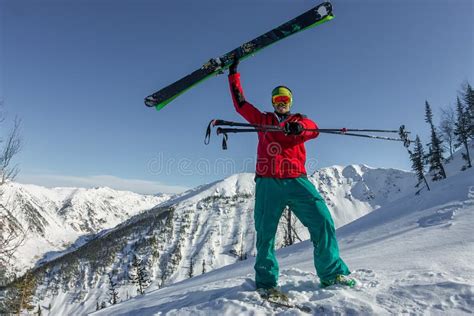 Man Skier Freerider Standing At Top Of Ridge Adventure Winter Freeride