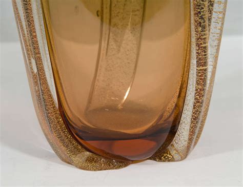 Midcentury Murano Glass Vase In Green And Amber With Gold Leaf At 1stdibs Murano Vase Price