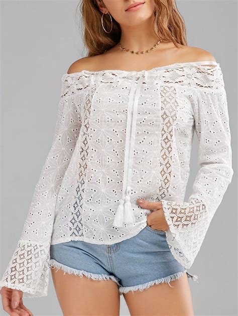 58 Off Lace Trim Long Sleeve Off The Shoulder Top Rosegal
