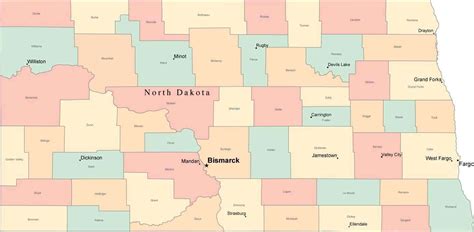 Multi Color North Dakota Map With Counties Capitals And Major Cities