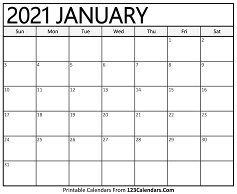 Blank Printable Calendar 2021