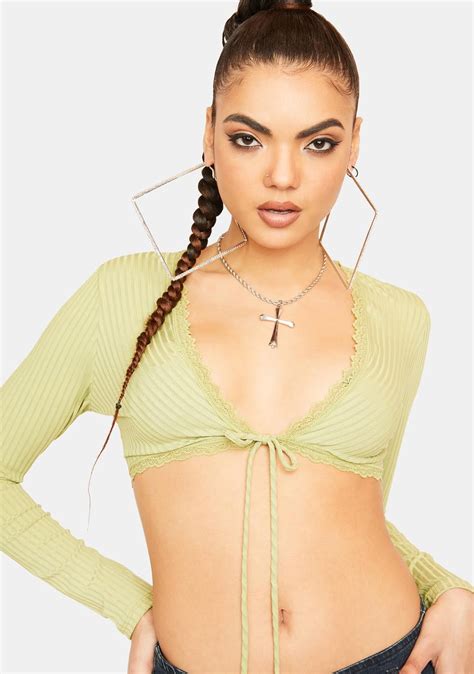 long sleeve lace trim tie front crop top green dolls kill
