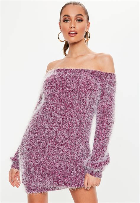 Pink Chenille Fluffy Bardot Sweater Dress Missguided