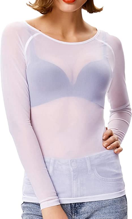Womens Basic Long Sleeves Mesh Sheer Tops At Amazon Womens Clothing Store