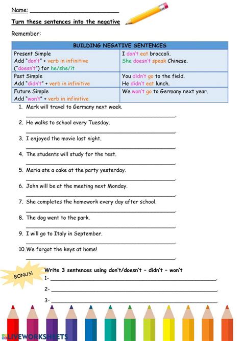 Negative Sentences Worksheet Live Worksheets
