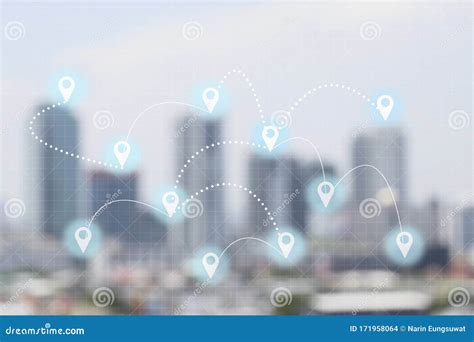 Map Location Icon And Connection With Blurred City Background Stock