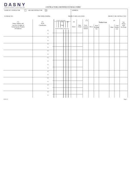 Dasny Contractors Certified Payroll Form Printable Pdf Download