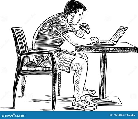 Sketch Of A Young Man Working On His Laptop Stock Vector Illustration