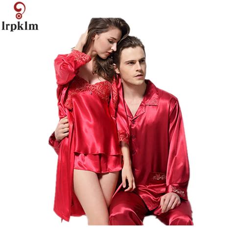 2018 spring summer new couples sexy silk pajamas suit cardigan long sleeve men and women home