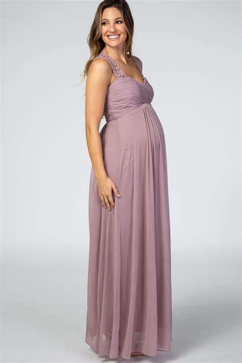 Mauve Lace Accent Chiffon Maternity Evening Gown In 2021 Maternity Evening Evening Gowns