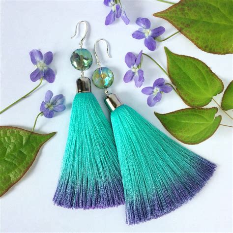 Turquoise Tassel Earrings With Violet Omre Effect Etsy Turquoise