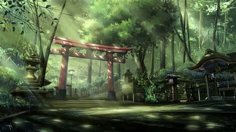 Anime Landscape Torii Sun Rays Forest Asian