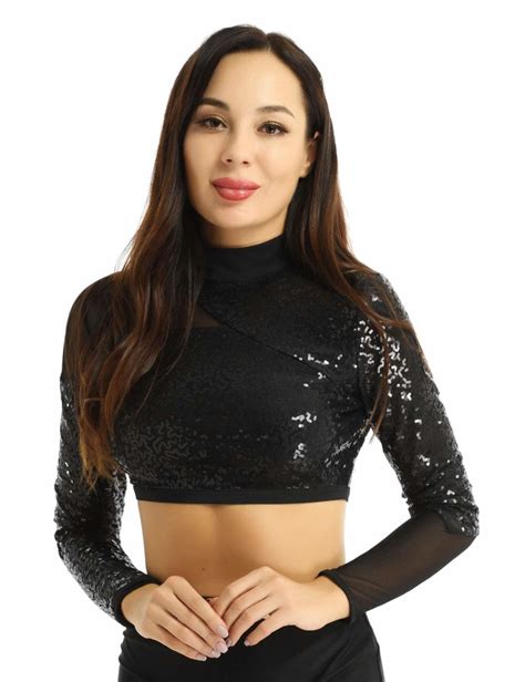 CHICTRY Women Shiny Sequins Mock Neck Long Sleeves Mesh Spliced Crop