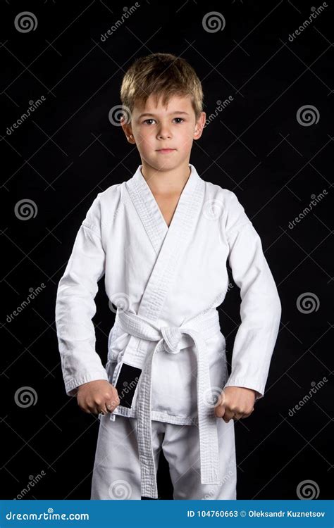 Serious Kid In Brand New Kimono On Black Background Stock Image Image