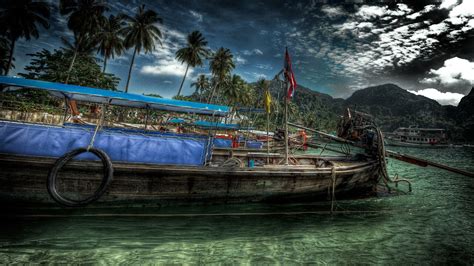 Hdr Boat Palm Trees Island Clouds Wallpapers Hd