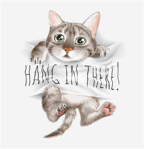 Cute Cat On Hang There Sign Ilustração De Gato Camisetas Desenhos