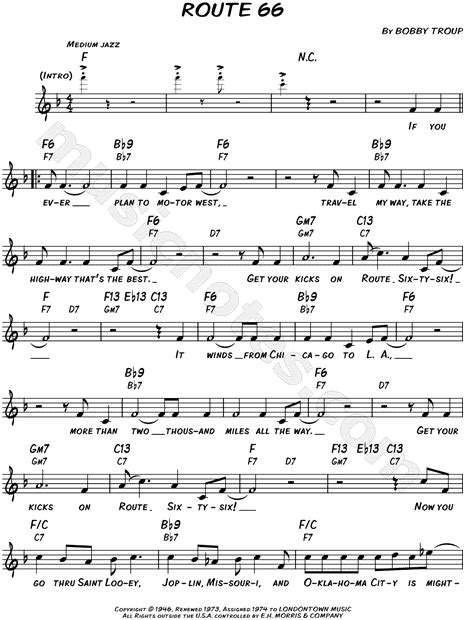 Route 66 (written by bobby troup). Bobby Troup "Route 66" Sheet Music (Leadsheet) in F Major (transposable) - Download & Print ...