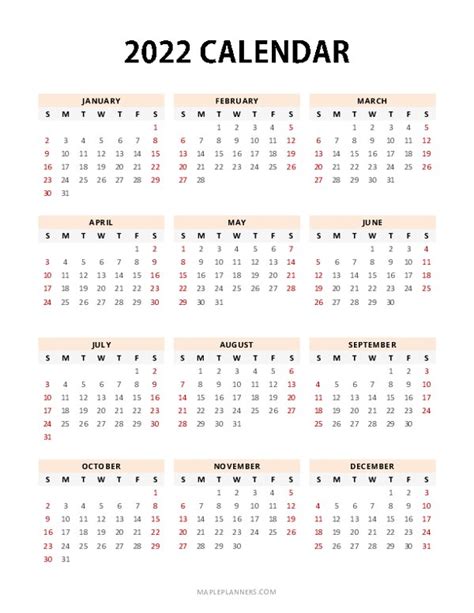 2022 Annual Calendar Printable Off 77