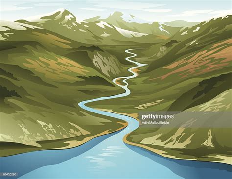 A Clip Art Of A River Circling Its Way Around A Mountain Vector Art