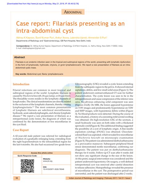 Pdf Case Report Filariasis Presenting As An Intra Abdominal Cyst