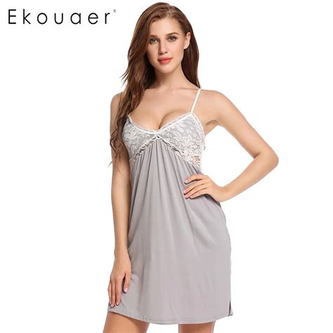 Ekouaer Sleepwear Lace Patchwork Nightgown Women Sexy Spaghetti Strap Lingerie Dress Sleepwear