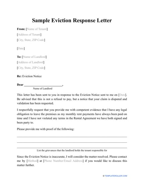 Sample Eviction Response Letter Download Printable Pdf Templateroller